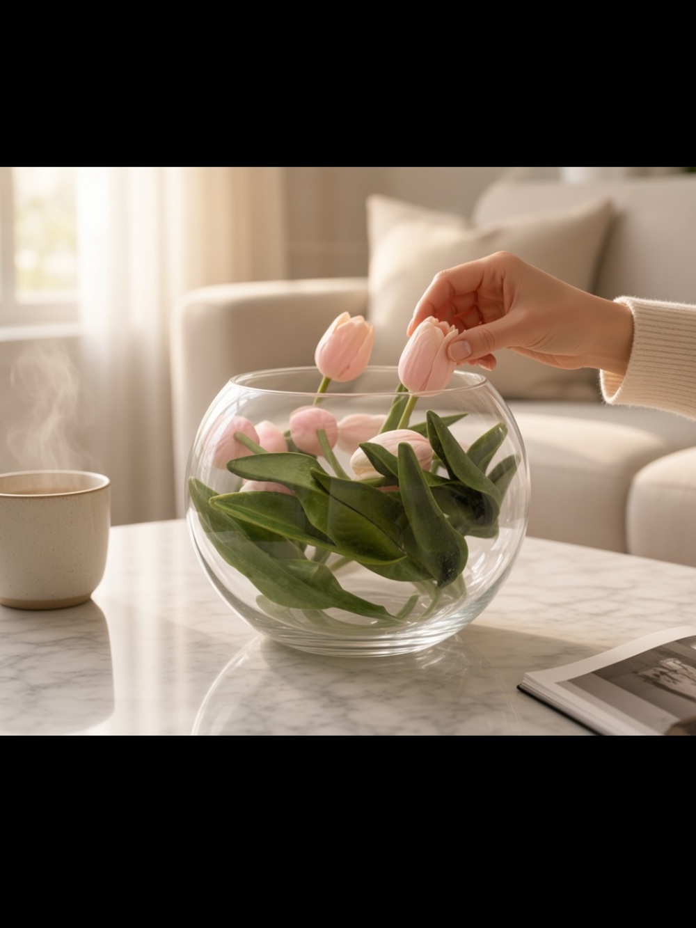 ): Luxury Artisan Faux Pink Tulip Floral Arrangement in Glass Bubble Bowl